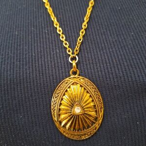 Gold Tone Textured Disc Pendant with Clear Center Stone Necklace SOLD